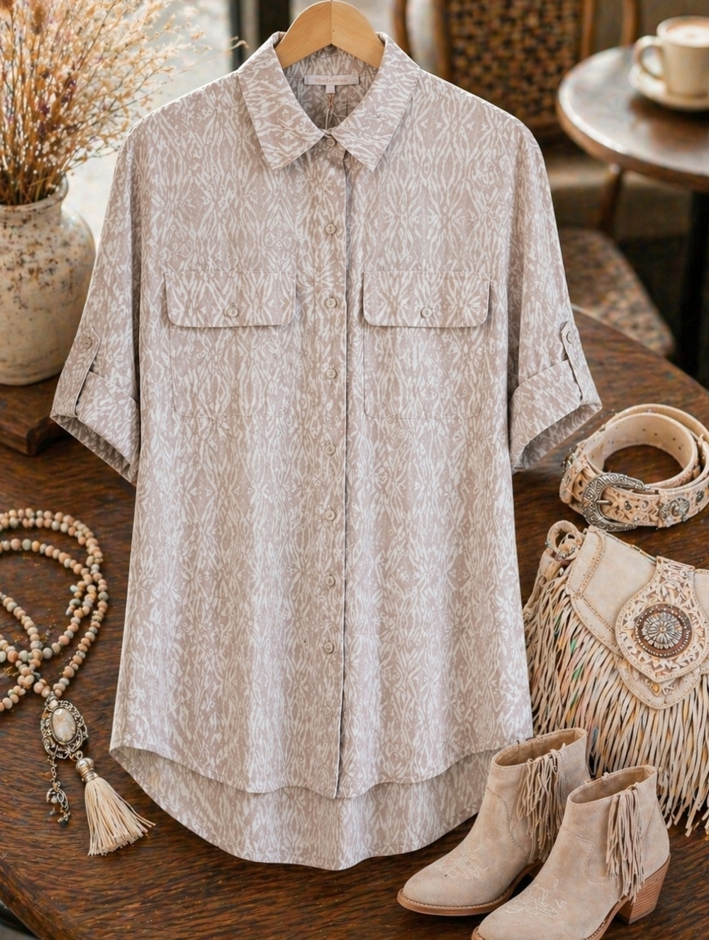 Beige Boho Western Tunic Shirt NWT Size Small | Flowy Button-Up w/ Pockets